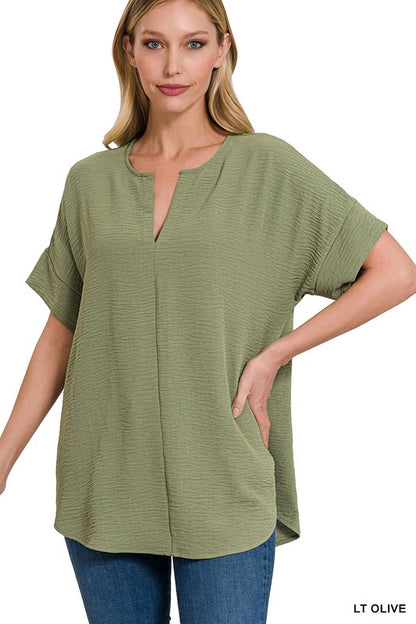 WOVEN AIRFLOW SPLIT NECK SHORT SLEEVE TOP