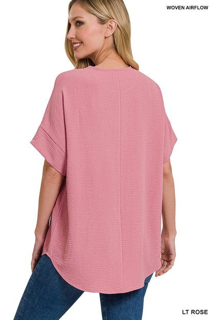 WOVEN AIRFLOW SPLIT NECK SHORT SLEEVE TOP