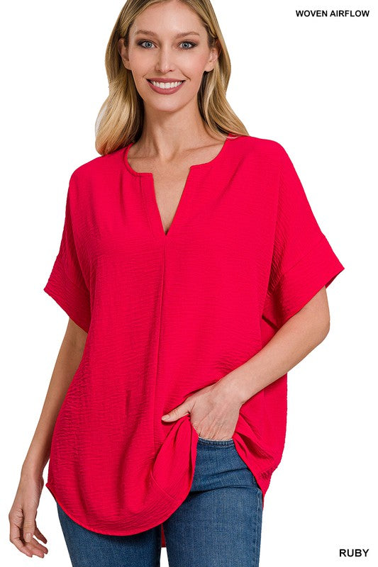 WOVEN AIRFLOW SPLIT NECK SHORT SLEEVE TOP