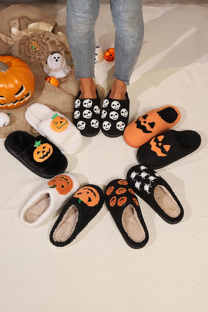 White Halloween Pumpkin Print Plush Slippers (Runs Small, Size Up)