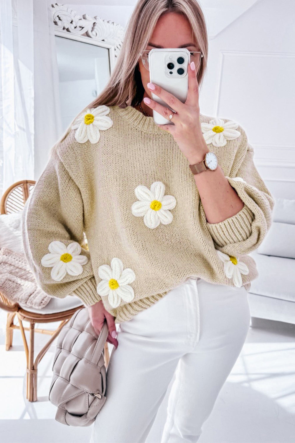 Parchment Floral Crochet Chunky Knit Sweater