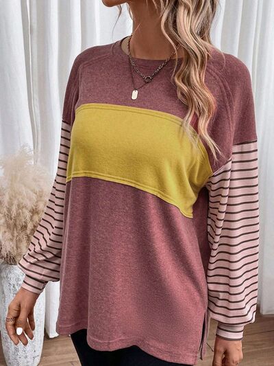 Round Neck Striped Long Sleeve Slit T-Shirt